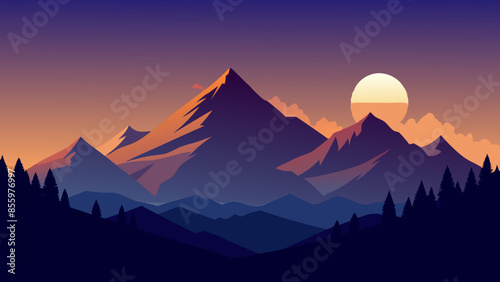 Beautiful mountain landscape, white nights, or midnight sun. Amazing polar night with mountain silhouettes