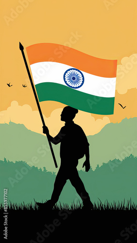Quit India Movement Day, a Silhouette of a patriot holding the Indian flag at sunset, symbolizing national pride and freedom photo