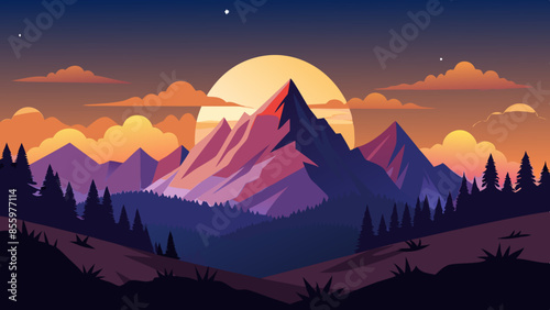 Beautiful mountain landscape, white nights, or midnight sun. Amazing polar night with mountain silhouettes