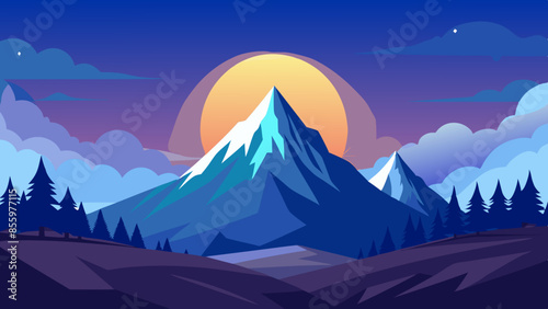 Beautiful mountain landscape, white nights, or midnight sun. Amazing polar night with mountain silhouettes
