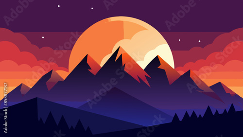 Beautiful mountain landscape, white nights, or midnight sun. Amazing polar night with mountain silhouettes