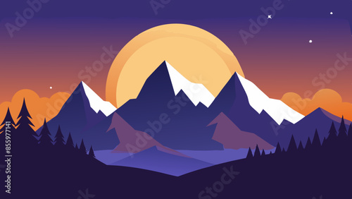 Beautiful mountain landscape, white nights, or midnight sun. Amazing polar night with mountain silhouettes