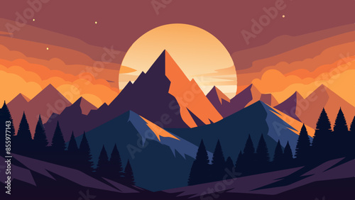 Beautiful mountain landscape, white nights, or midnight sun. Amazing polar night with mountain silhouettes