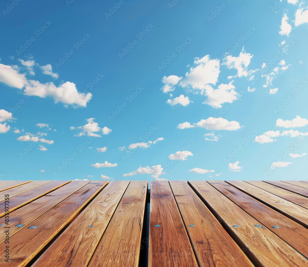 An empty blue sky background is displayed on top of a wooden table top An empty blue sky background is displayed on top of a wooden table top