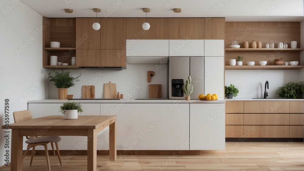 Interior home of comfortable kitchen with utensils on white wall copy space Interior home of comfortable kitchen with utensils on white wall copy space