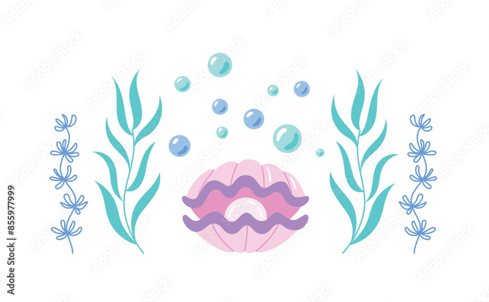 Fototapeta premium Childrens cute animal. A pearl in an open marine shell in in algae and bubbles around it. Sea and ocean life vector illustration