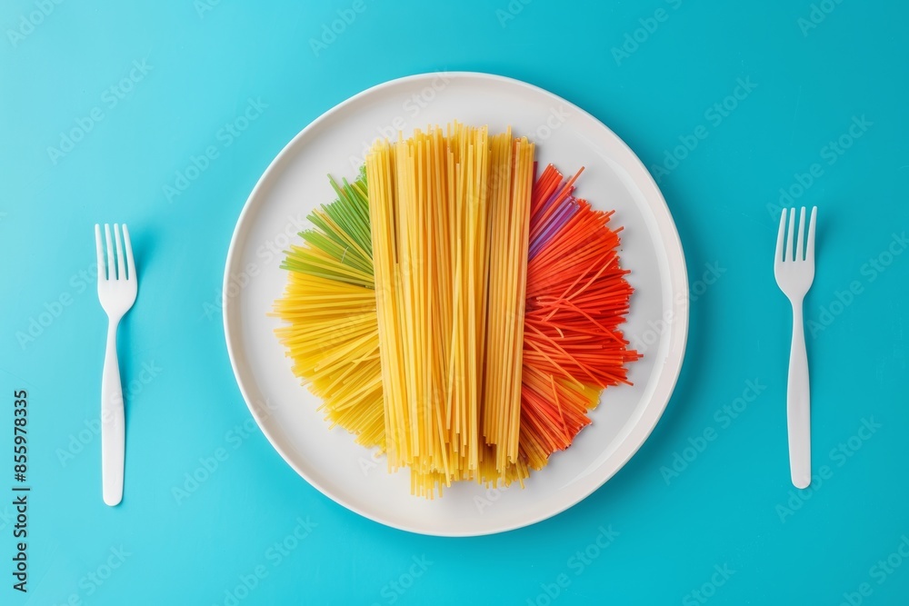 spaghetti pasta arranged in a rainbow in even 6 portions for each color - red, orange, yellow, green, blue, purple, served in white plate on blue background view from above spaghetti pasta arranged in a rainbow in even 6 portions for each color - red, orange, yellow, green, blue, purple, served in white plate on blue background view from above