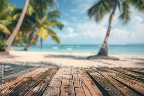 Beach advertisement display background in summer time with blurry palm leaves and bokeh on wooden table top in summer time with blurry palm leaves against blue sky photo
