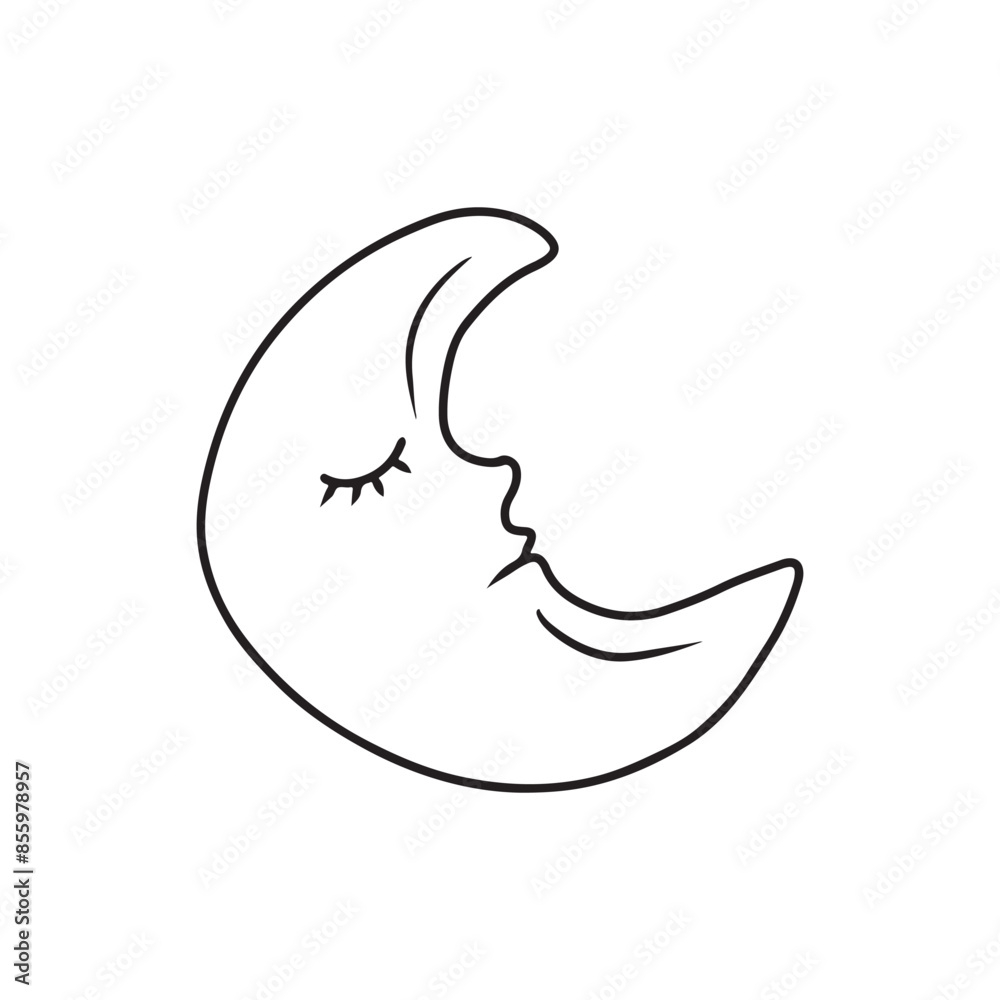 Obraz premium Sleeping moon with closed eyes in black isolated on white background. Hand drawn vector sketch illustration in doodle engraved line art vintage style. Concept of sleep, sweet dreams, children