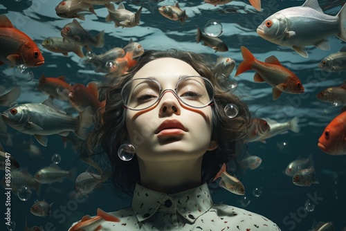 Beautiful young woman in glasses among the fish in the aquarium.