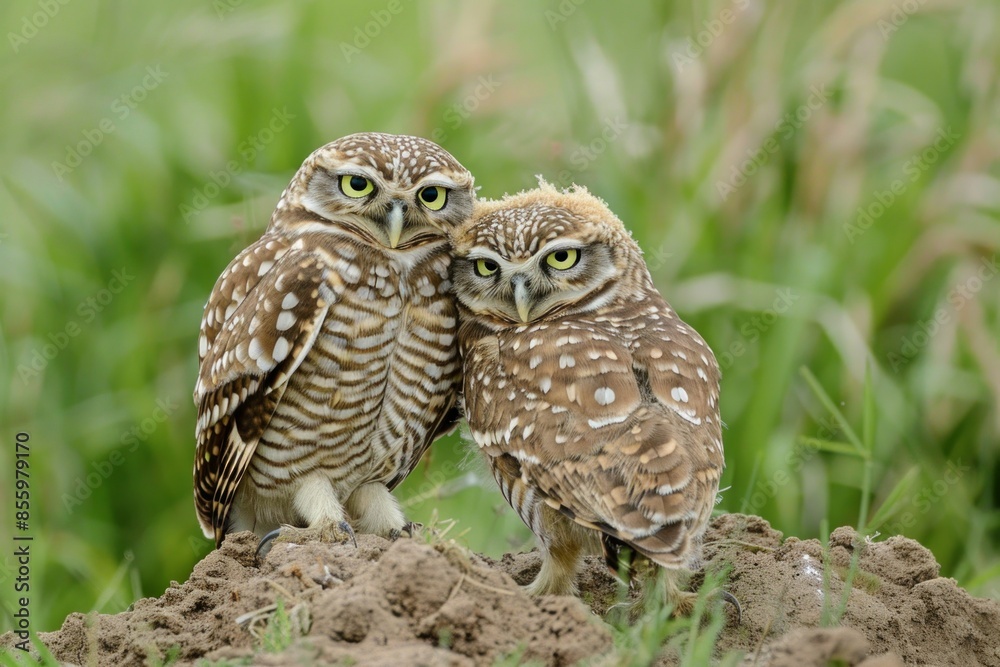 A burrowing owl grooms its mate while they stand on their nest burrow mound. Front view of one owl with face showing and side view of the other with grass in the background A burrowing owl grooms its mate while they stand on their nest burrow mound. Front view of one owl with face showing and side view of the other with grass in the background