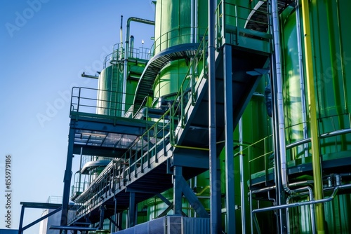 production process of  biofuel refinery or biorefinery facility, where renewable feedstocks such as biomass or algae are converted into eco-friendly jet fuel. sustainable supply chain photo