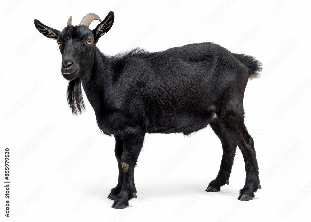 A black goat stands in front of a white background isolated with a clipping path.