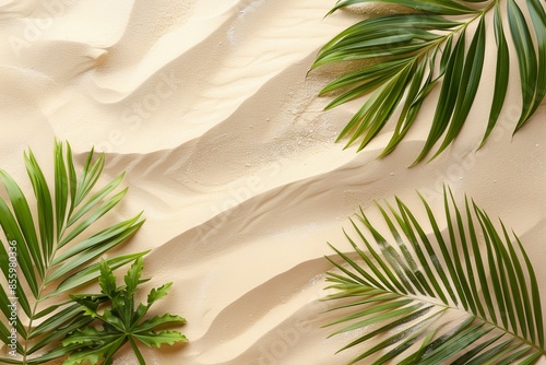 Concept of tropical palm leaves and shadows laying on a sand floor in the summer