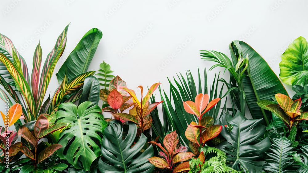 Fototapeta premium colorful tropical leaves and foliage plants against a white background,