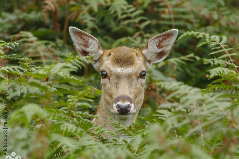 A fallow deer poking her head up out of the bracken. A fallow deer poking her head up out of the bracken.