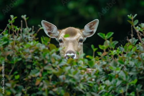 A fallow deer doe poking her head out from behind a bush to see what the noise was