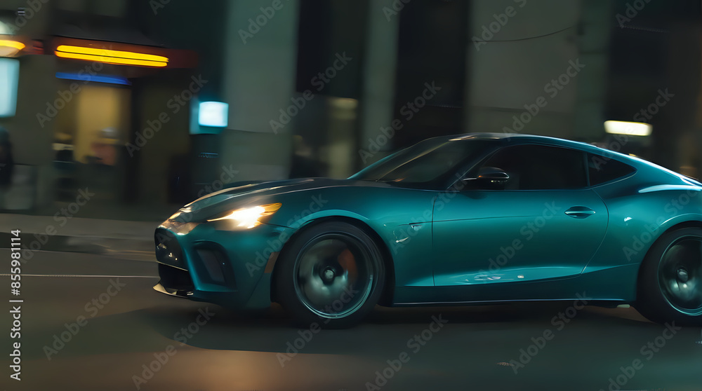a close up of a blue sports car driving down a city street a close up of a blue sports car driving down a city street