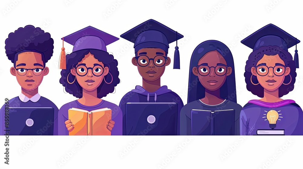 Obraz premium Online education and graduation concept. Vector flat design people illustration set. African nale and female teacher with student character. Book, laptop, lightbulb, prize symbol