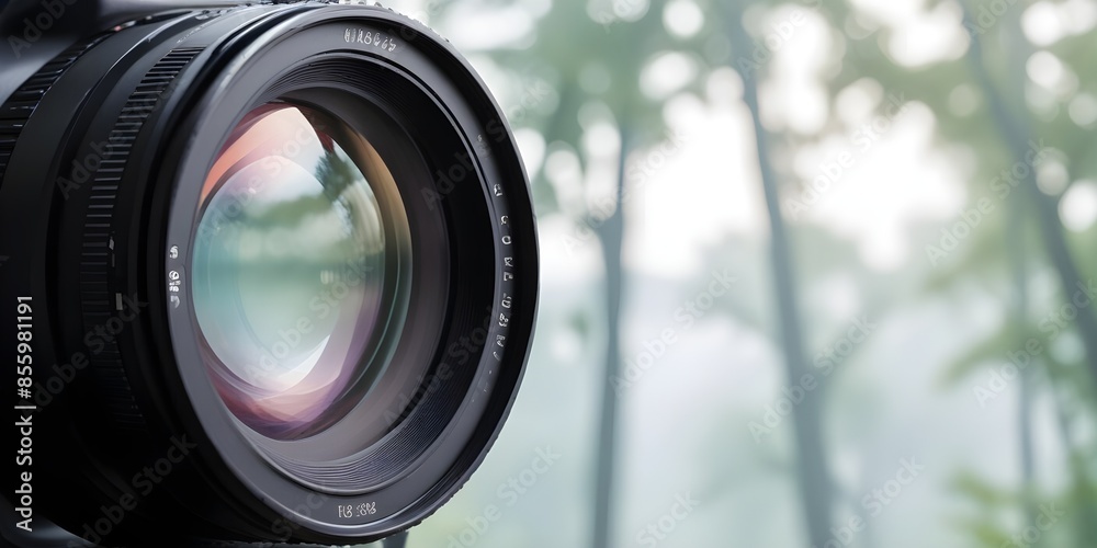 Detailed view of an isolated camera lens with complex glass structure on a hazy outdoor background Detailed view of an isolated camera lens with complex glass structure on a hazy outdoor background