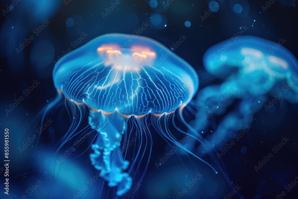 Jellyfish glowing in the dark sea close up, bioluminescence, whimsical, manipulation, open ocean backdrop Jellyfish glowing in the dark sea close up, bioluminescence, whimsical, manipulation, open ocean backdrop
