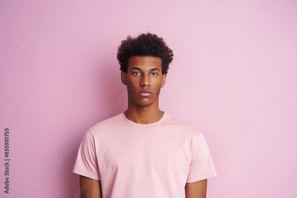 A young man with a black afro stands in front of a pink wall A young man with a black afro stands in front of a pink wall