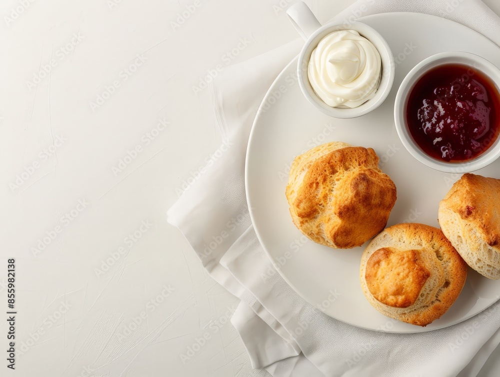 Elegant British Afternoon Tea: Traditional setup with scones, clotted cream, jam, and tea on white tablecloth showcasing British tea culture and sophistication. Elegant British Afternoon Tea: Traditional setup with scones, clotted cream, jam, and tea on white tablecloth showcasing British tea culture and sophistication.