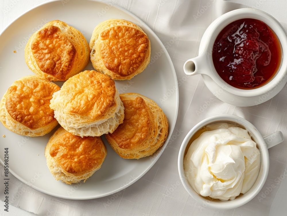 Classic British Afternoon Tea Setting with Scones, Clotted Cream, and Tea on Elegant Tablecloth Classic British Afternoon Tea Setting with Scones, Clotted Cream, and Tea on Elegant Tablecloth