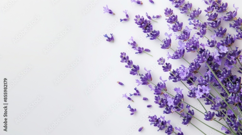 A close-up of purple lavender flowers set on a white background A close-up of purple lavender flowers set on a white background