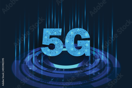 5G symbol new wireless internet Wi-Fi connection. Fifth innovative generation of the global high speed Internet network using modern digital devices