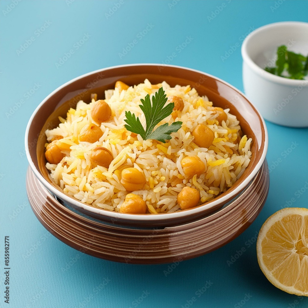 Indian cuisine food Chickpea pulao also known as chana pulao or pulav on blue background Indian cuisine food Chickpea pulao also known as chana pulao or pulav on blue background