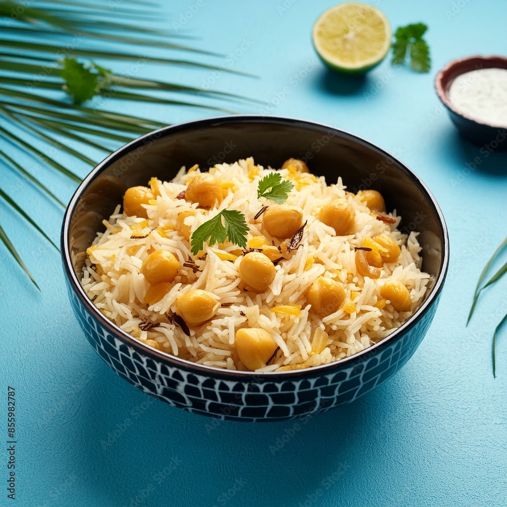Indian cuisine food Chickpea pulao also known as chana pulao or pulav on blue background Indian cuisine food Chickpea pulao also known as chana pulao or pulav on blue background