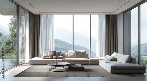 Modern minimalist style living room featuring a central sofa and carpet, with floor-to-ceiling windows showcasing a mountain scenery outside. Light gray walls, white ceiling, and white floors,.