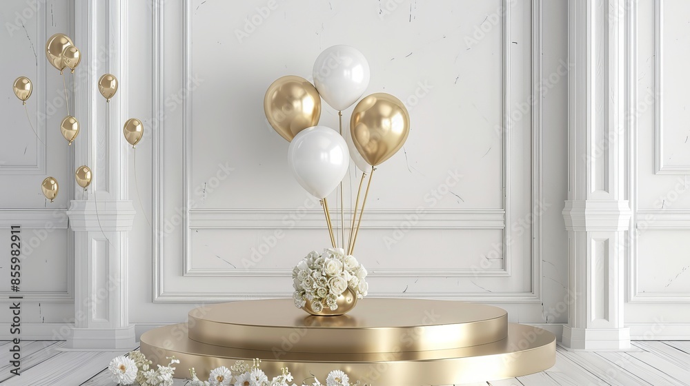 Celebrate in style with a golden podium adorned with balloons. Perfect for birthdays, anniversaries, and festive events, this luxurious setting will make your special day truly memorable. Celebrate in style with a golden podium adorned with balloons. Perfect for birthdays, anniversaries, and festive events, this luxurious setting will make your special day truly memorable.
