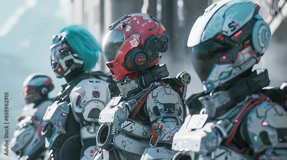 Diverse group of warriors in futuristic armor, each with distinct and innovative designs, set in a sci-fi environment, raw detail Diverse group of warriors in futuristic armor, each with distinct and innovative designs, set in a sci-fi environment, raw detail