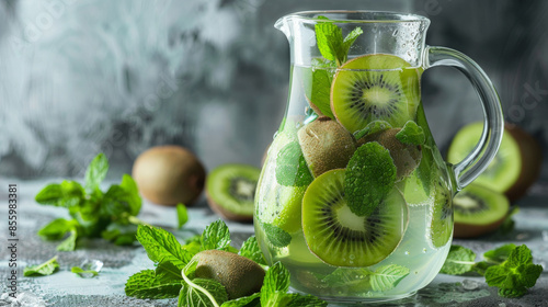 A glass pitcher filled with water infused with kiwi slices and mint leaves, highlighting kiwi's use in refreshing drinks photo