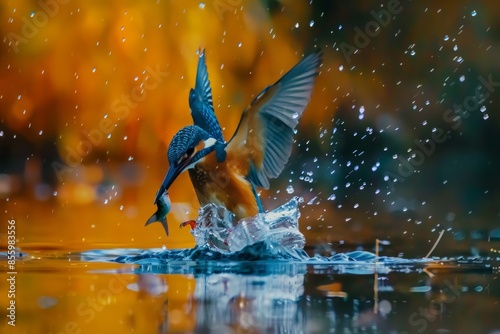 A male kingfisher emerging from the water with a fish © Straxer