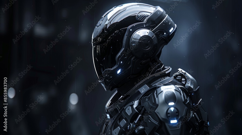 Futuristic warrior in sleek, high-tech armor, showcasing intricate design and advanced materials, set against a dark, dramatic backdrop Futuristic warrior in sleek, high-tech armor, showcasing intricate design and advanced materials, set against a dark, dramatic backdrop