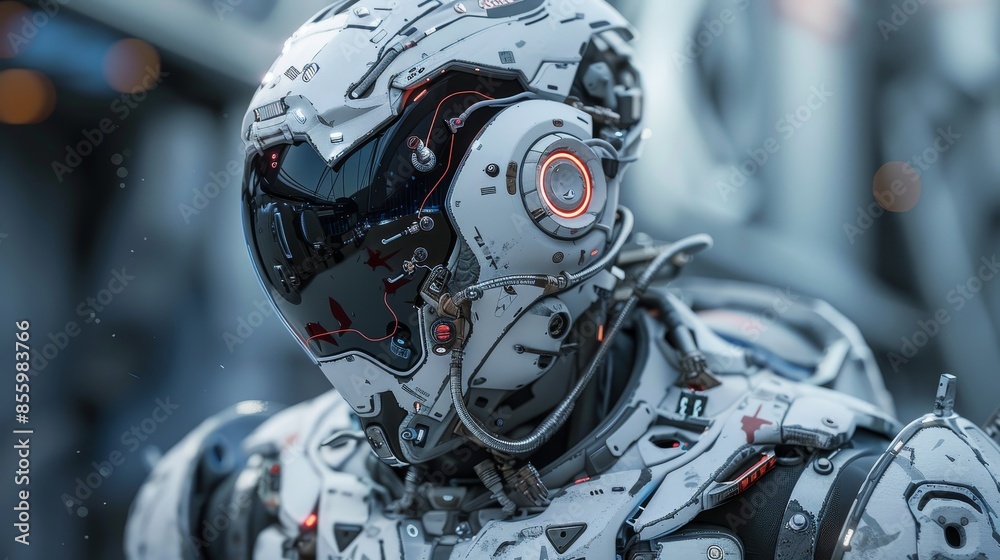 Fototapeta premium Futuristic warrior with detailed, high-tech armor, showcasing advanced design elements and raw, gritty textures