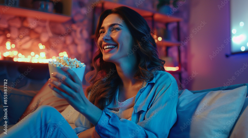 Fototapeta premium Woman with popcorn watching movie at home.
