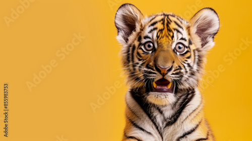 A young tiger cub with wide eyes and an open mouth appears surprised against a solid yellow background. The detailed stripes and expressive face make the cub look both adorable and curious.