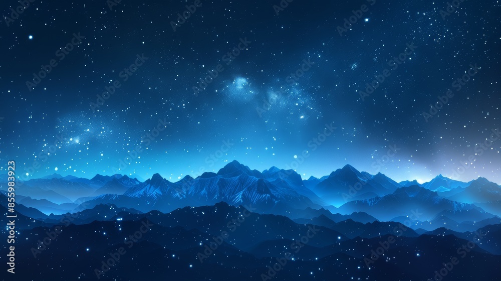 Fototapeta premium Galaxy night landscape, blue starry astronomy sky above mountains, infinite stars twinkling in the background, raw and detailed