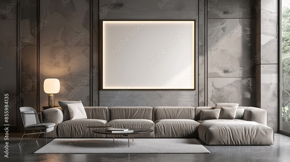Empty poster frame on a wall in a living room with a sleek and sophisticated design Empty poster frame on a wall in a living room with a sleek and sophisticated design