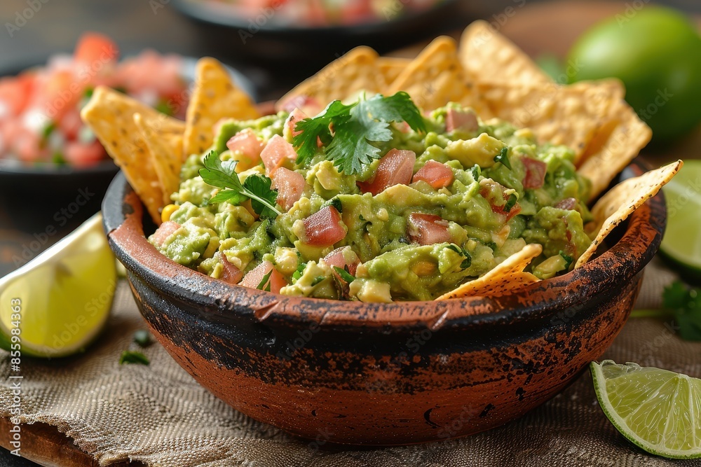 A bowl of creamy guacamole surrounded by tortilla chips and lime wedges. A bowl of creamy guacamole surrounded by tortilla chips and lime wedges.