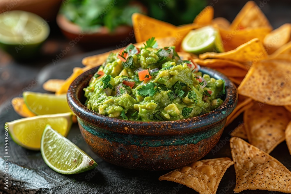 A bowl of creamy guacamole surrounded by tortilla chips and lime wedges. A bowl of creamy guacamole surrounded by tortilla chips and lime wedges.