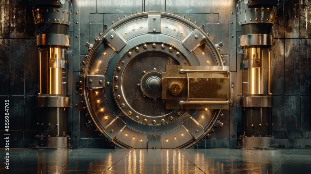Fototapeta premium The front view of a light silver bank vault door is shown with the door closed in 3D rendering.