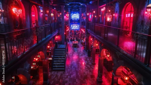 This dimly lit, neon-lit interior of a bustling entertainment venue. Laser tag arena