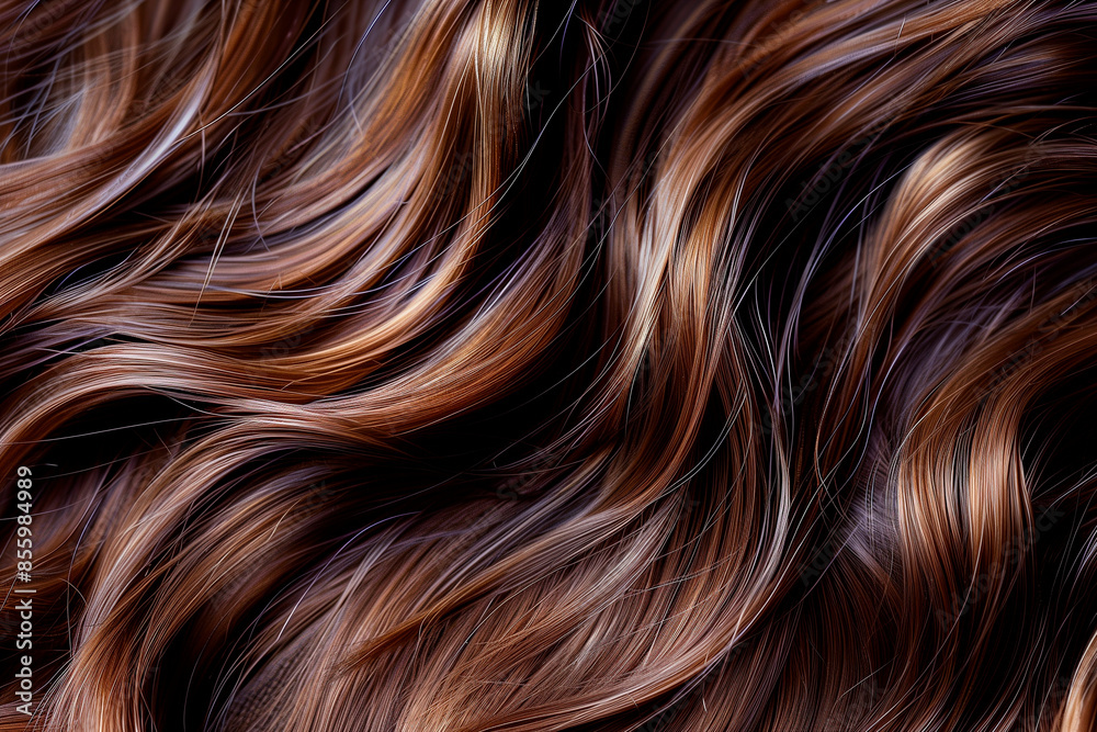 Close-up of glossy, wavy brown hair suitable for beauty and fashion. Close-up of glossy, wavy brown hair suitable for beauty and fashion.