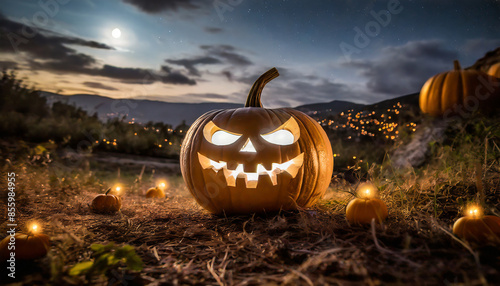 Pumpkin head with scary face and glowing eyes, Jack-o'-lantern, Halloween autumn decor element photo