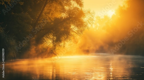 The golden hour light bathes a misty river and forest in a warm, orange glow, enhancing the tranquility of the secluded natural scene